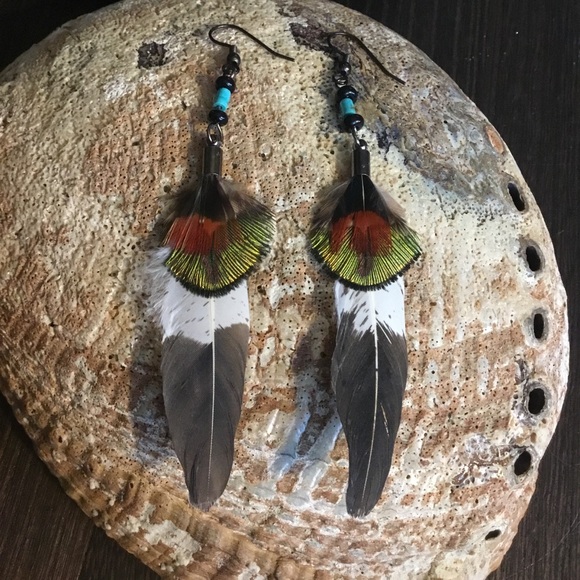 Hand Crafted Imitation Eagle & Turquoise Feather Hand Painted Tribal Earrings - Picture 9 of 16